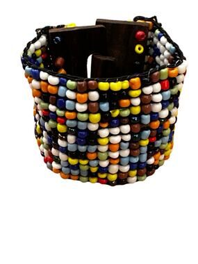 Seed Bead and Wooden Clasp Bracelet No Metal